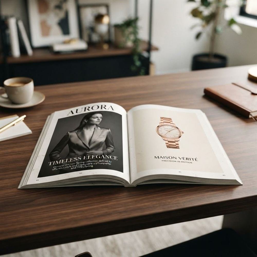 Revista abierta con un anuncio de reloj de lujo sobre un escritorio