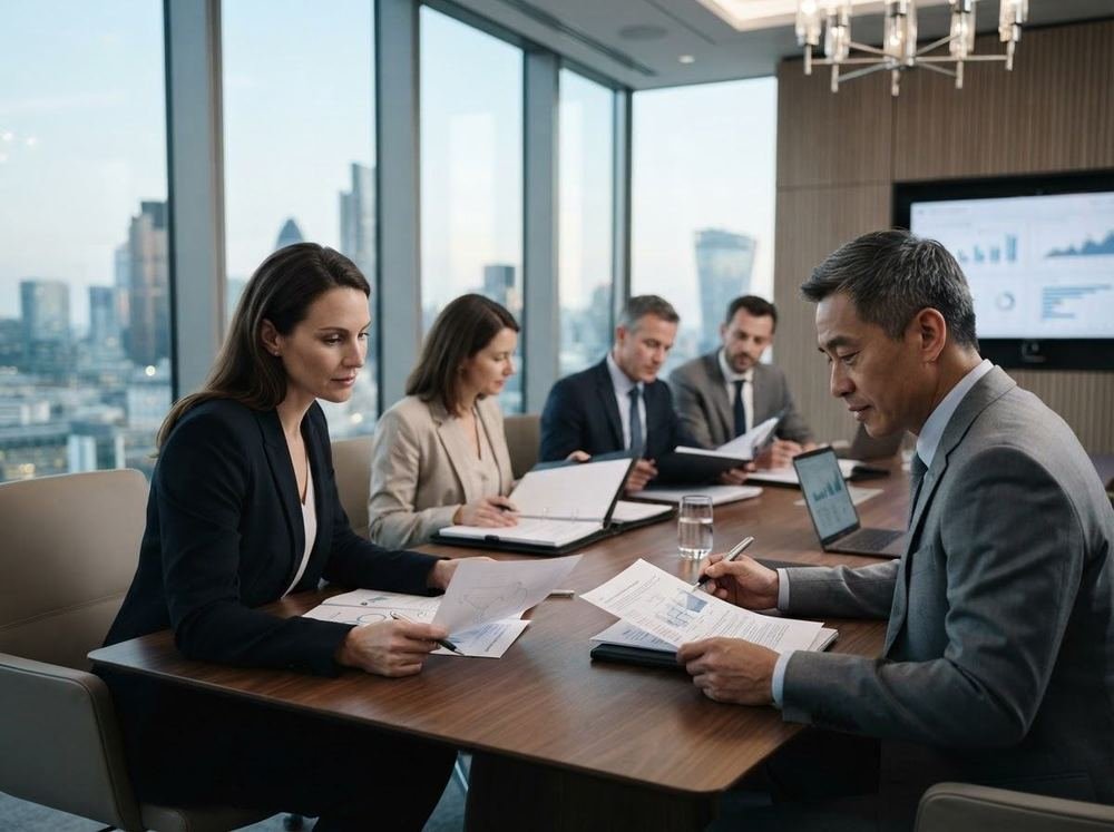 Directivos revisando documentos en una sala de juntas
