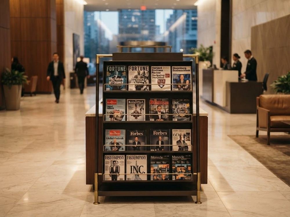 Exhibidor de revistas en el lobby de un corporativo