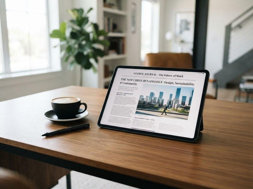 Tableta con una revista digital junto a una taza de café