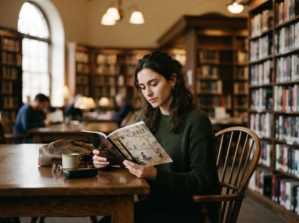 Joven leyendo una revista en una biblioteca